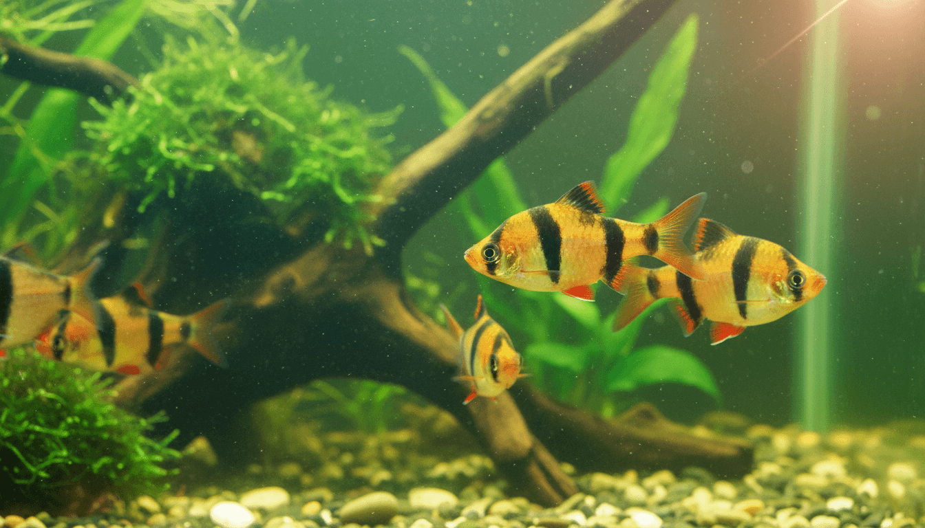Close-up of a tiger barb (Puntius tetrazona) swimming in a vibrant home aquarium setting.