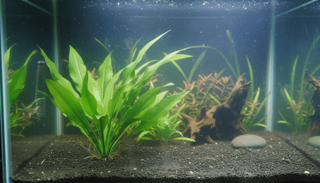 Lush Amazon sword (Echinodorus bleheri) thriving in a vibrant aquarium setup, providing natural beauty.