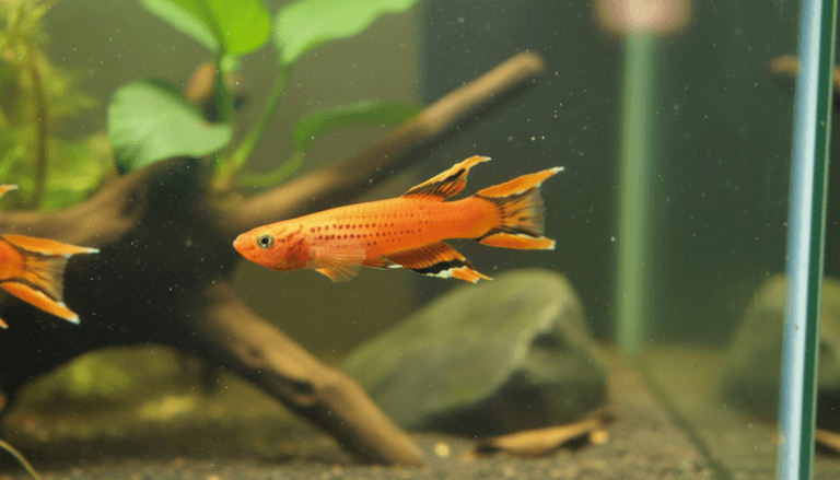 Colorful aphyosemion-australe, or Killifish, swimming gracefully in a vibrant aquarium setup.