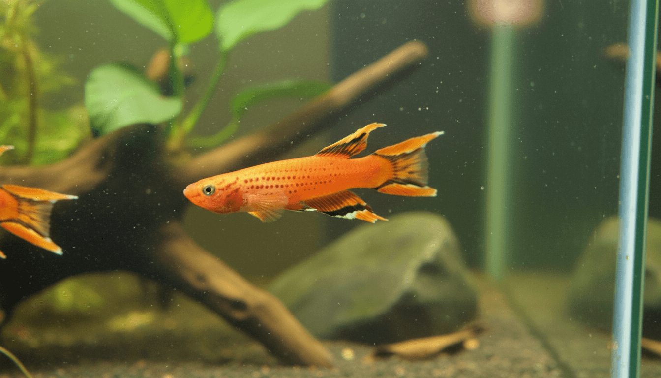 Colorful aphyosemion-australe, or Killifish, swimming gracefully in a vibrant aquarium setup.