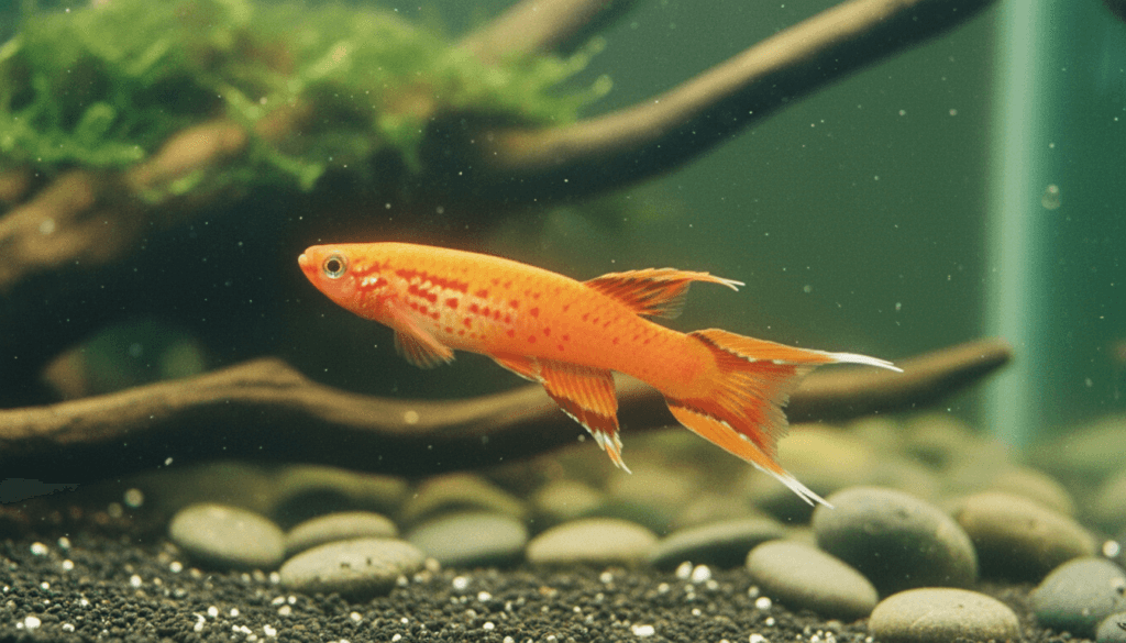 "Aphyosemion australe, also known as the orange bug-eyed killifish, in a vibrant aquarium setting."