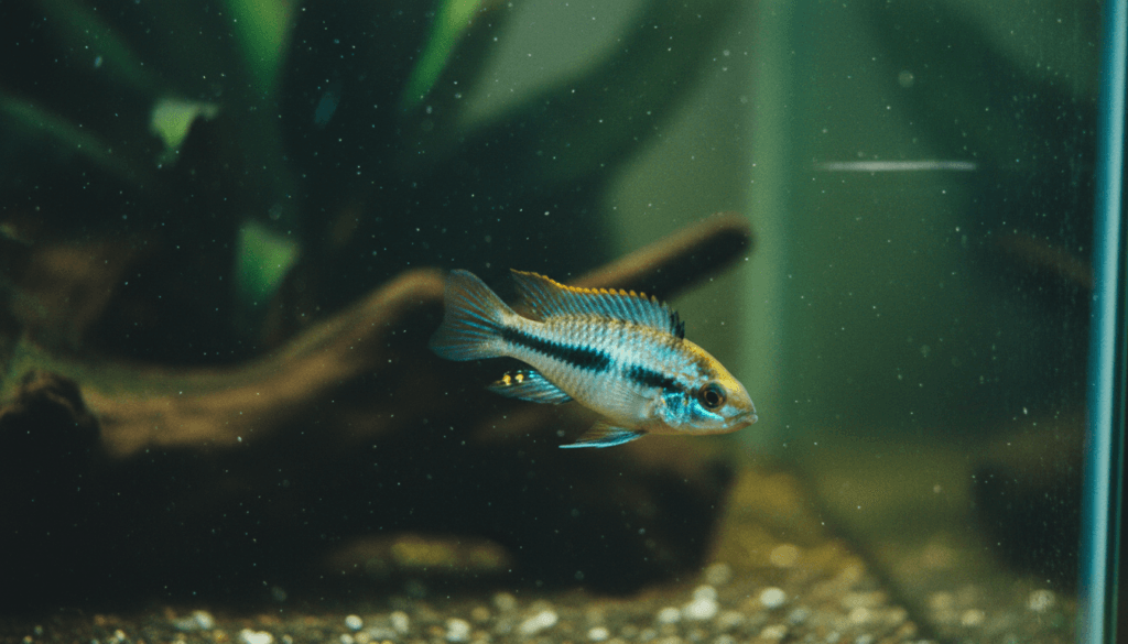 "Close-up of Apistogramma trifasciata, also known as the three-striped dwarf cichlid, in a vibrant aquarium setting."