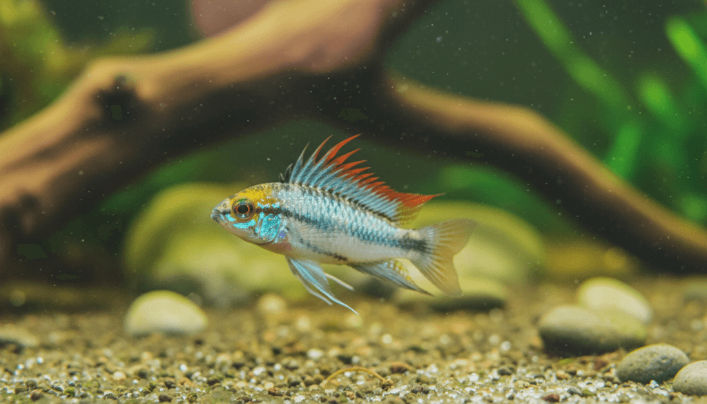 "Apistogramma trifasciata, also known as the Three-Stripe Dwarf Cichlid, swimming in a vibrant aquarium."