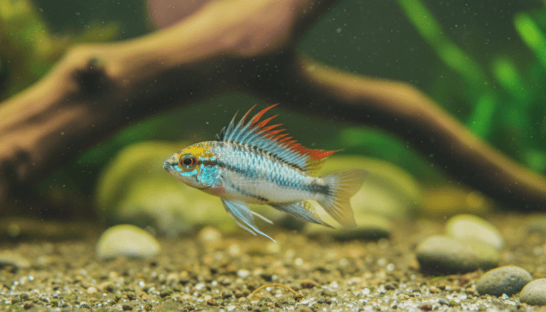 "Apistogramma trifasciata, also known as the Three-Stripe Dwarf Cichlid, swimming in a vibrant aquarium."