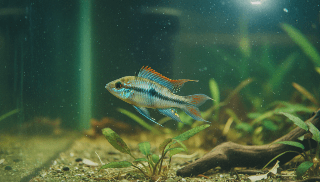 "Apistogramma trifasciata, also known as three-striped apisto, swimming in a vibrant aquarium habitat."