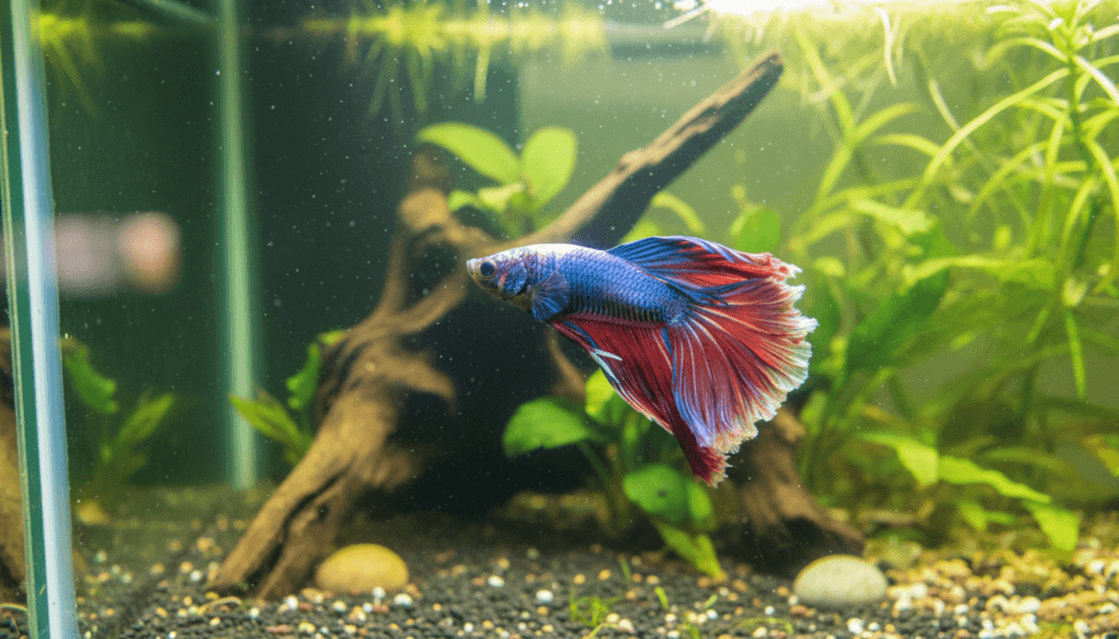Colorful betta fish (Betta splendens) swimming gracefully in a vibrant home aquarium setting.