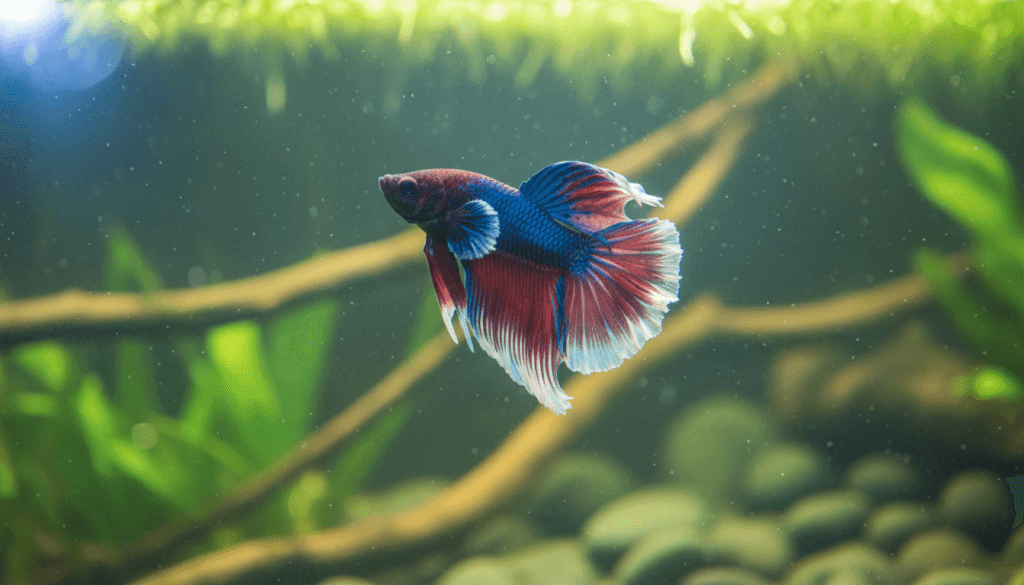Colorful betta fish (Betta splendens) swimming gracefully in a vibrant aquarium environment.