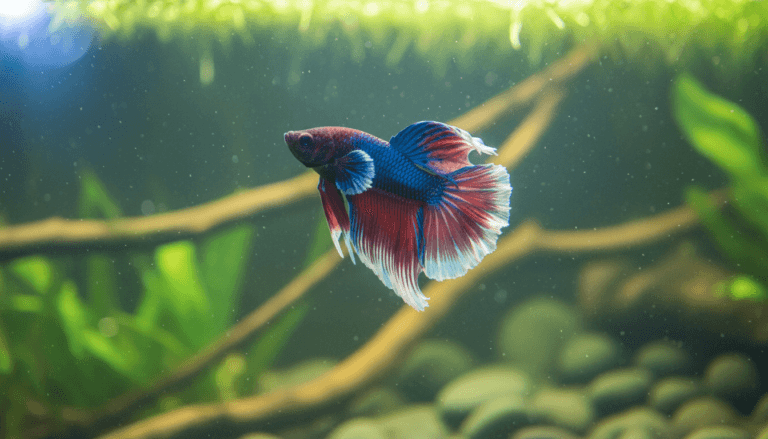 Colorful betta fish (Betta splendens) swimming gracefully in a vibrant aquarium environment.