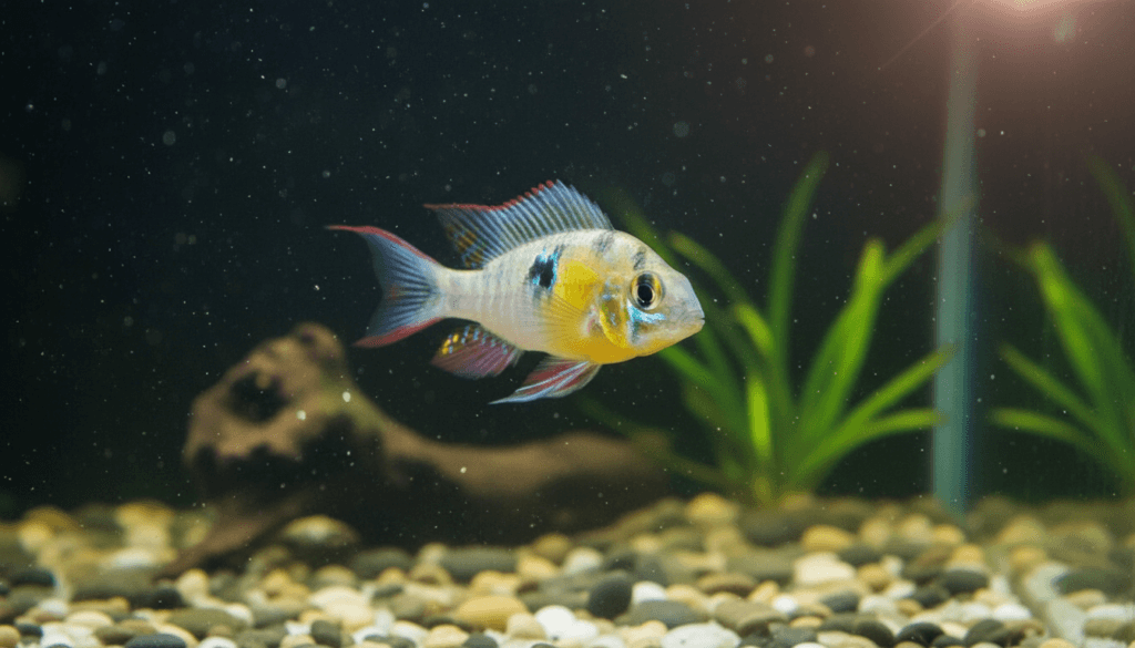 Beautiful Bolivian Ram (Mikrogeophagus ramerani) swimming gracefully in a vibrant home aquarium environment.