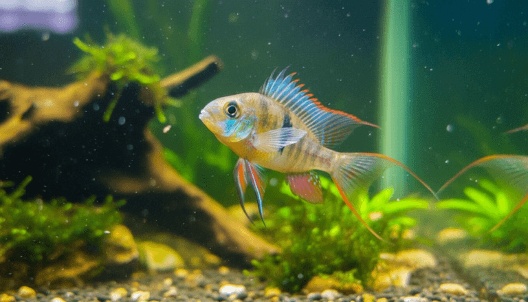 "Colorful bolivian-ram (Mikrogeophagus altispinosus) in a beautifully landscaped home aquarium setting."