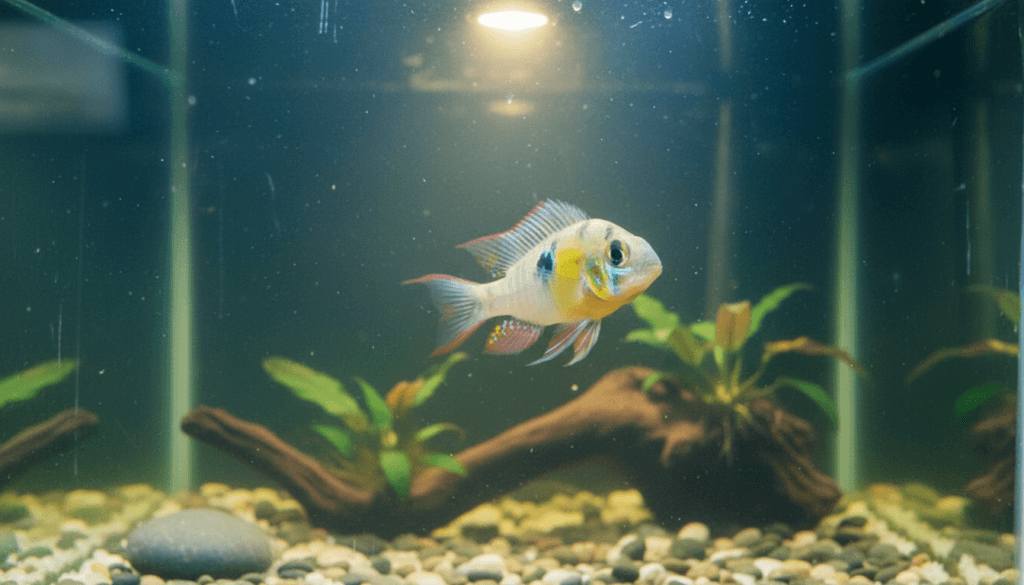 Colorful bolivian-ram (Mikrogeophagus altispinosus) swimming in a vibrant freshwater aquarium setup.