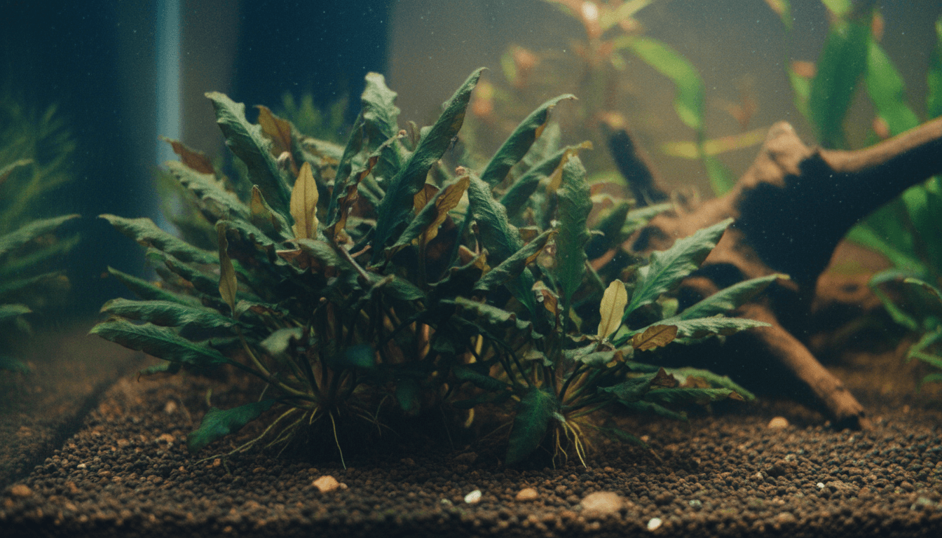 Vibrant cryptocoryne plants thrive in a beautifully aquascaped aquarium, enhancing underwater landscapes.
