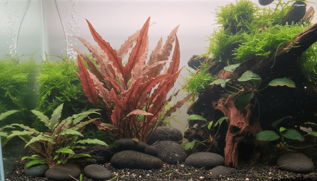 Cryptocoryne aquatic plant thriving in a vibrant aquarium, providing essential habitat for fish.