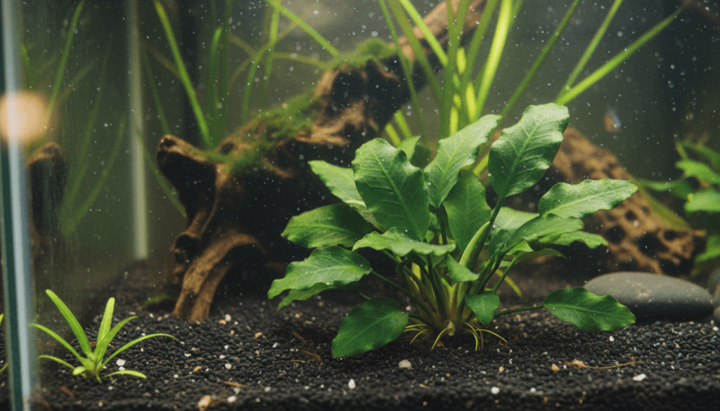 Vibrant cryptocoryne plants in a home aquarium, showcasing lush green foliage and aquatic beauty.