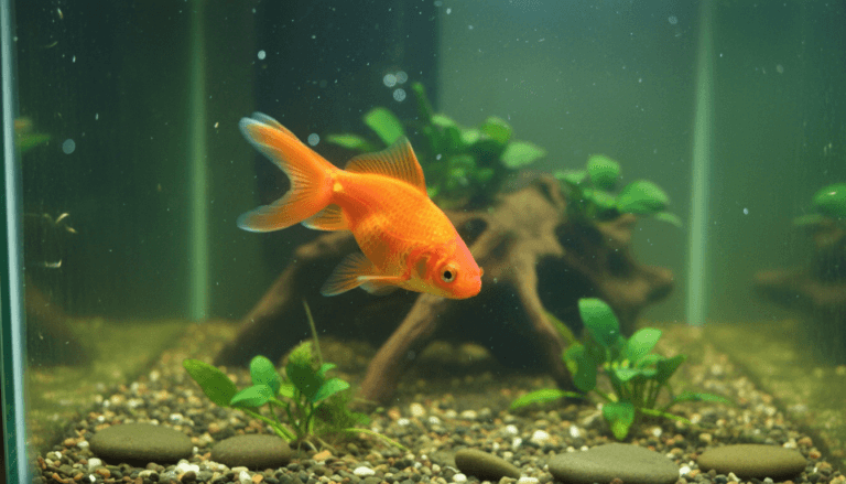 Vibrant goldfish (Carassius auratus) swimming gracefully in a beautifully decorated aquarium environment.