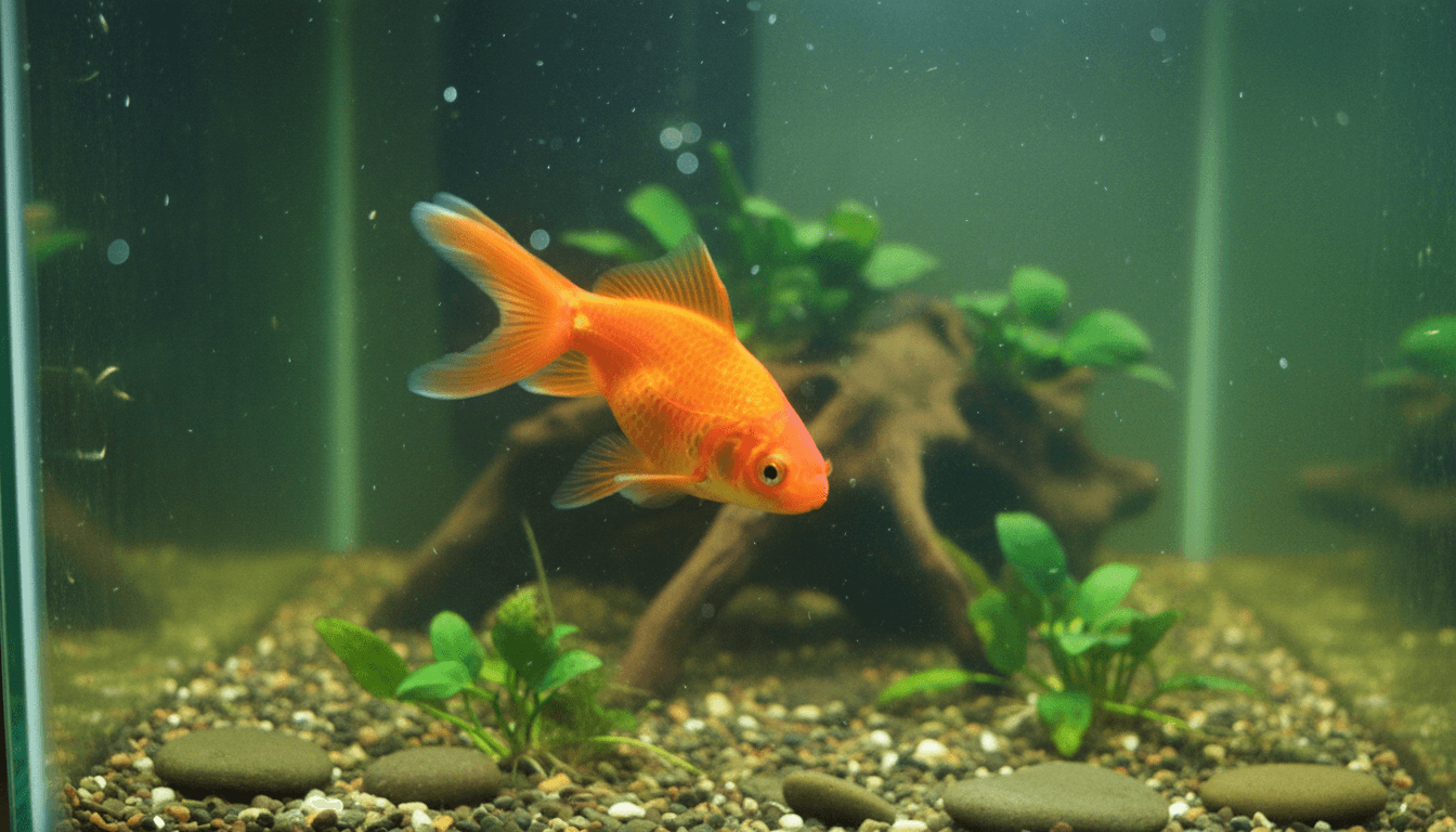 Vibrant goldfish (Carassius auratus) swimming gracefully in a beautifully decorated aquarium environment.
