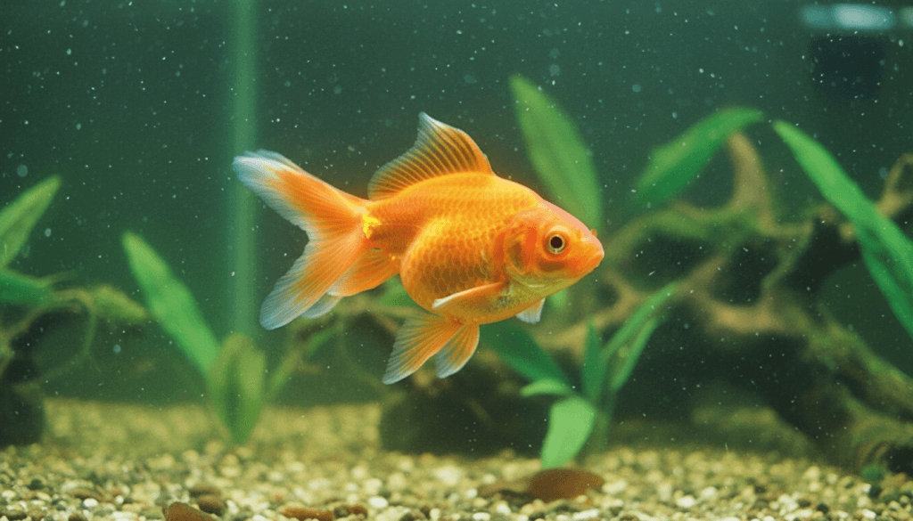 "Vibrant goldfish (Carassius auratus) swimming gracefully in a beautifully decorated home aquarium."