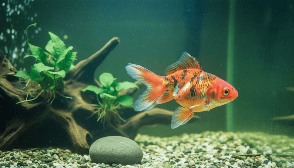 "Vibrant goldfish (Carassius auratus) swimming gracefully in a colorful aquarium setting."