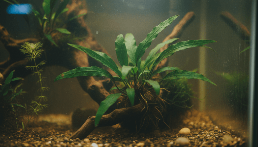 "Java fern (Microsorum pteropus) thriving in a freshwater aquarium, enhancing aquatic beauty and providing shelter."