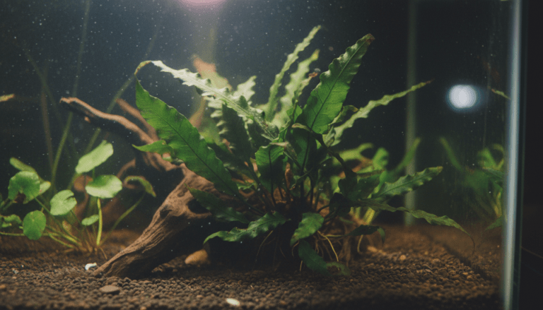 "Java fern (Microsorum pteropus) thriving in a home aquarium, enhancing aquatic plant beauty."