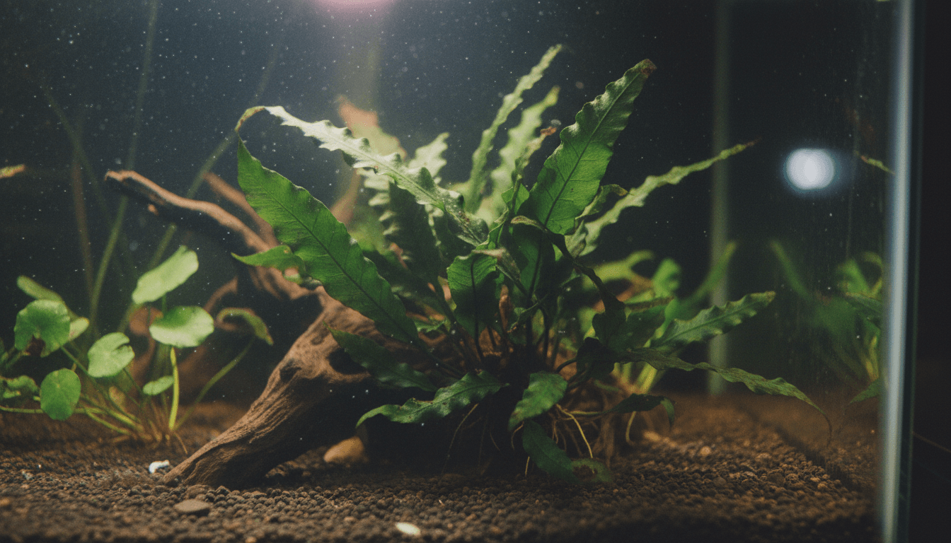 "Java fern (Microsorum pteropus) thriving in a home aquarium, enhancing aquatic plant beauty."