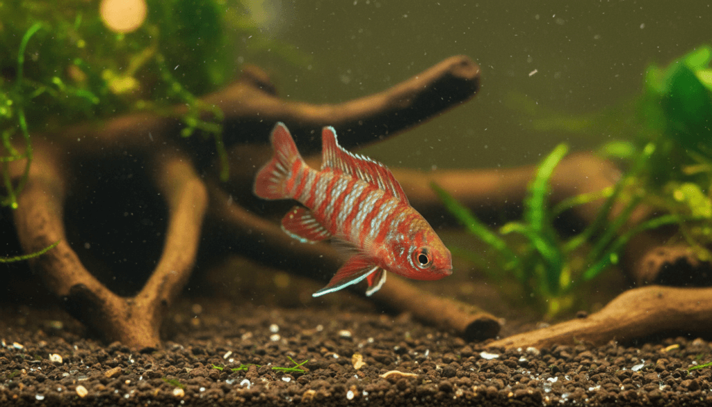 "Vibrant scarlet-badis (Badis brilliance) in a well-maintained aquarium, showcasing its vivid colors and personality."