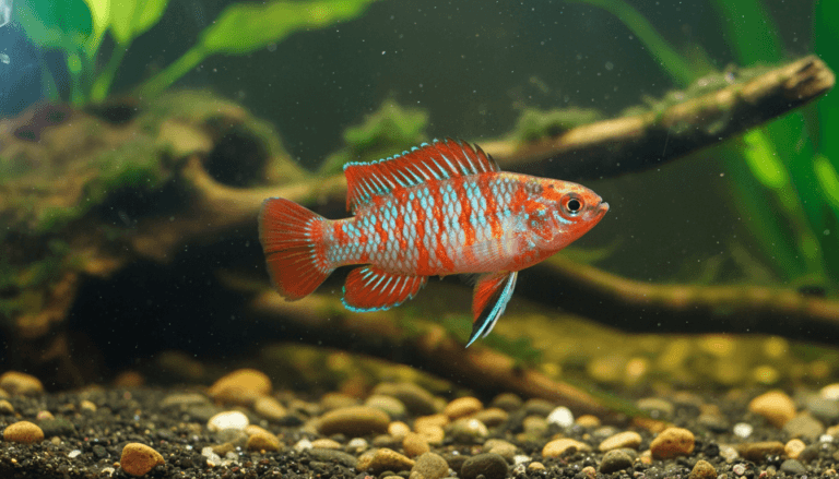 "Scarlet Badis (Badis scaphva) swimming gracefully in a vibrant home aquarium setting."