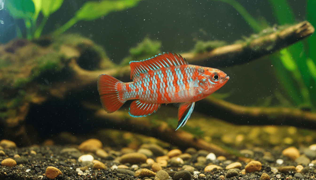 "Scarlet Badis (Badis scaphva) swimming gracefully in a vibrant home aquarium setting."