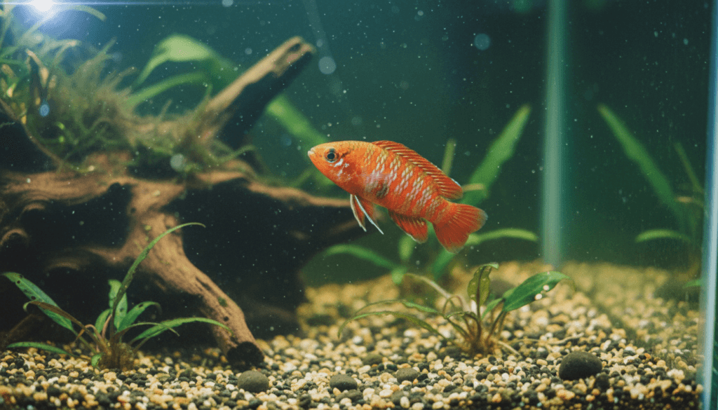 "Scarlet Badis (Scarlet-badis) swimming gracefully in a vibrant aquarium with lush plants."