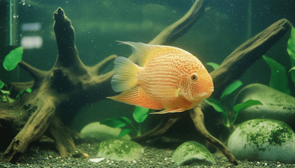 "Acara severum gold, also known as gold severum, in a vibrant home aquarium setting."