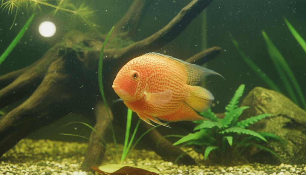 "Acara severum gold, vibrant freshwater fish, swimming in a beautifully designed aquarium."