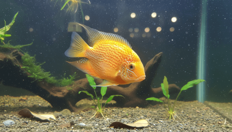 "Acara severum gold, also known as gold severum, in a vibrant freshwater aquarium setting."