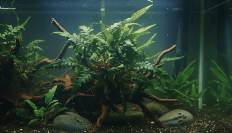 "Vibrant African water fern (Bolbitis heudelotii) thriving in a lush aquarium environment."