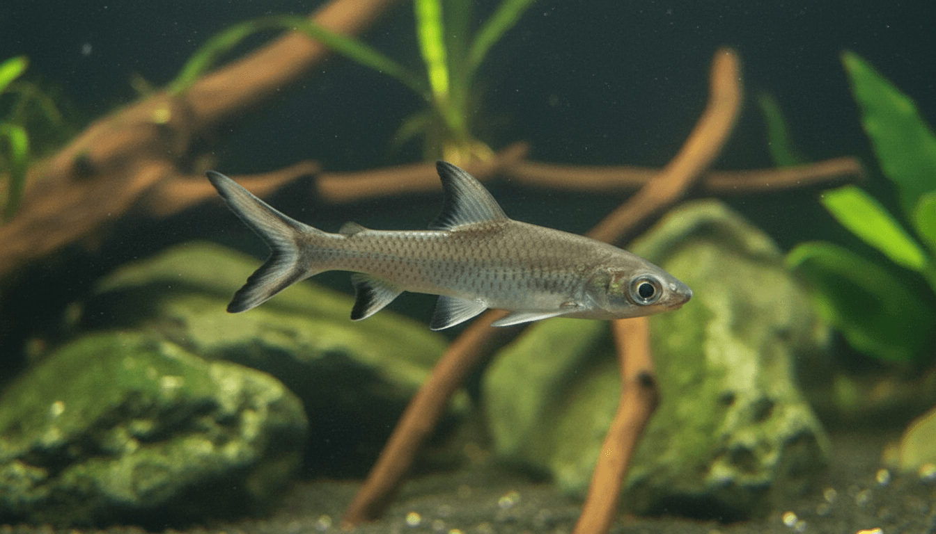 "Bala-shark (Balantiocheilos melanopterus) swimming gracefully in a vibrant freshwater aquarium habitat."