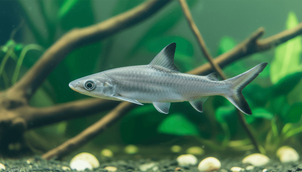 Bala shark (Balantiocheilos melanopterus) swimming gracefully in a vibrant home aquarium setup.