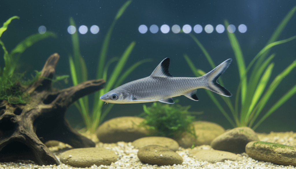 Bala shark (Balantiocheilos melanopterus) swimming gracefully in a vibrant aquarium setting.