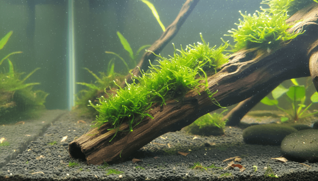 Close-up of flame moss (Taxiphyllum sp. 'Flame') thriving in a vibrant aquarium setting.