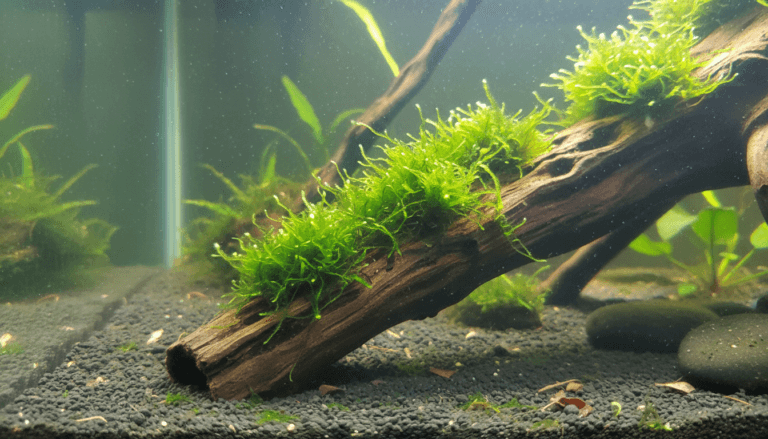 Close-up of flame moss (Taxiphyllum sp. 'Flame') thriving in a vibrant aquarium setting.