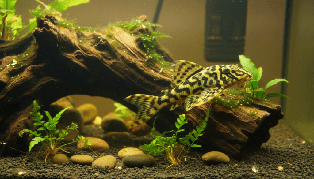 "Leopard frog pleco (Peckoltia compta) swimming gracefully in a vibrant aquarium habitat."