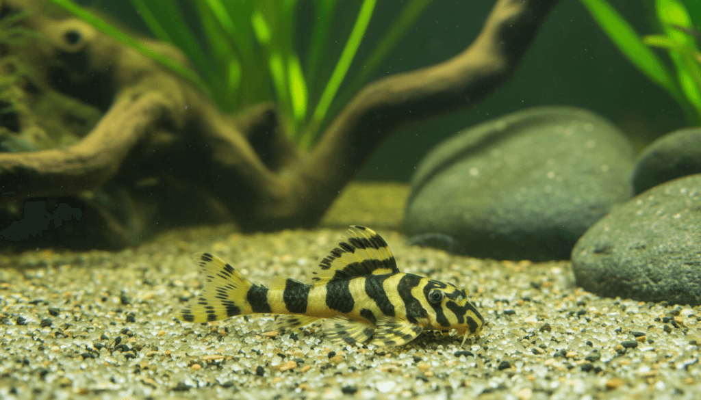 Leopard-frog-pleco (Hypostomus h. leopardus) showcased in a vibrant aquarium environment.