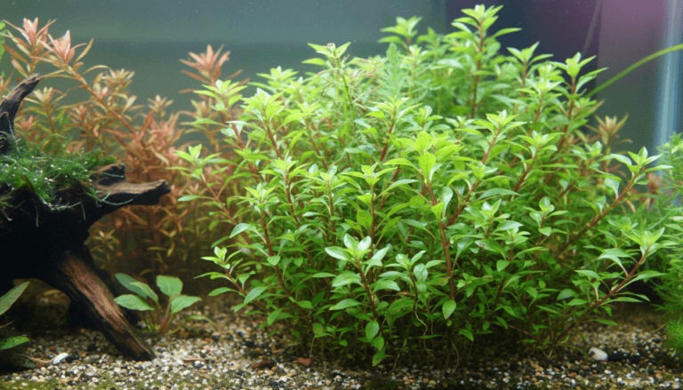 Ludwigia palustris, commonly known as marsh ludwigia, thriving in a vibrant aquarium setting.
