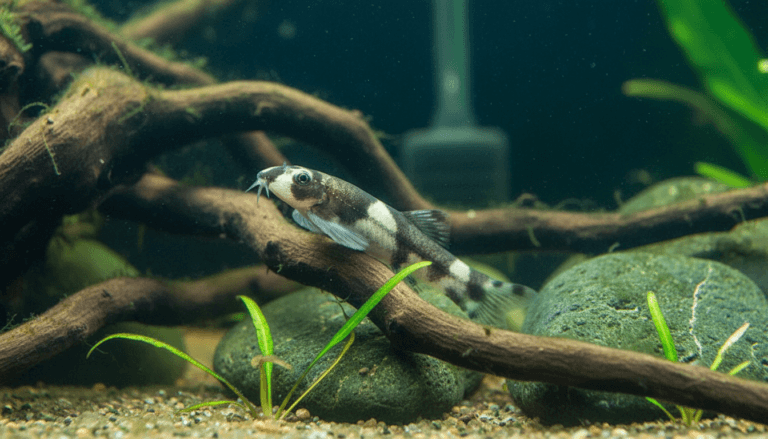 "Close-up of a panda-loach (Panda Hill Loach) swimming in a vibrant freshwater aquarium."