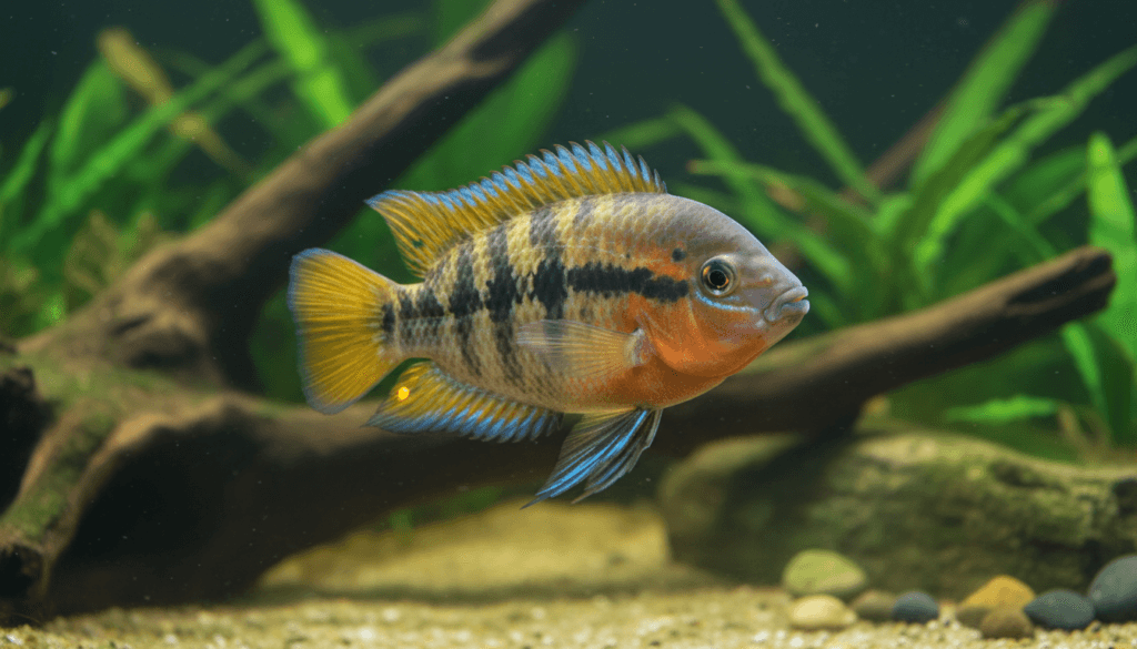 Colorful rainbow cichlid (Archocentrus multispinosus) swimming in a vibrant aquarium environment.