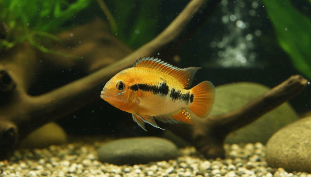 Colorful rainbow cichlid (Archocentrus multispinosus) displaying vibrant hues in a freshwater aquarium setting.