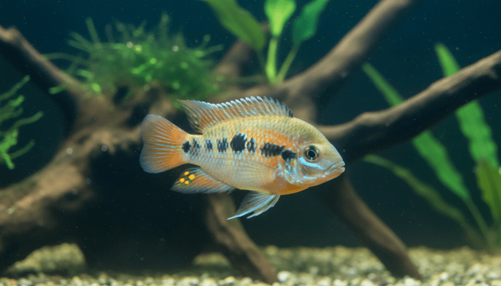 Vibrant rainbow cichlid (Archocentrus multispinosus) displaying colors in a beautifully designed aquarium setting.