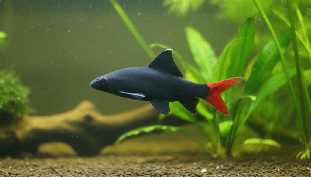 "Red-tail shark (Epalzeorhynchos bicolor) swimming gracefully in a vibrant aquarium environment."