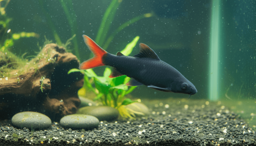 "Red-tail shark (Epalzeorhynchos bicolor) swimming gracefully in a vibrant aquarium setting."