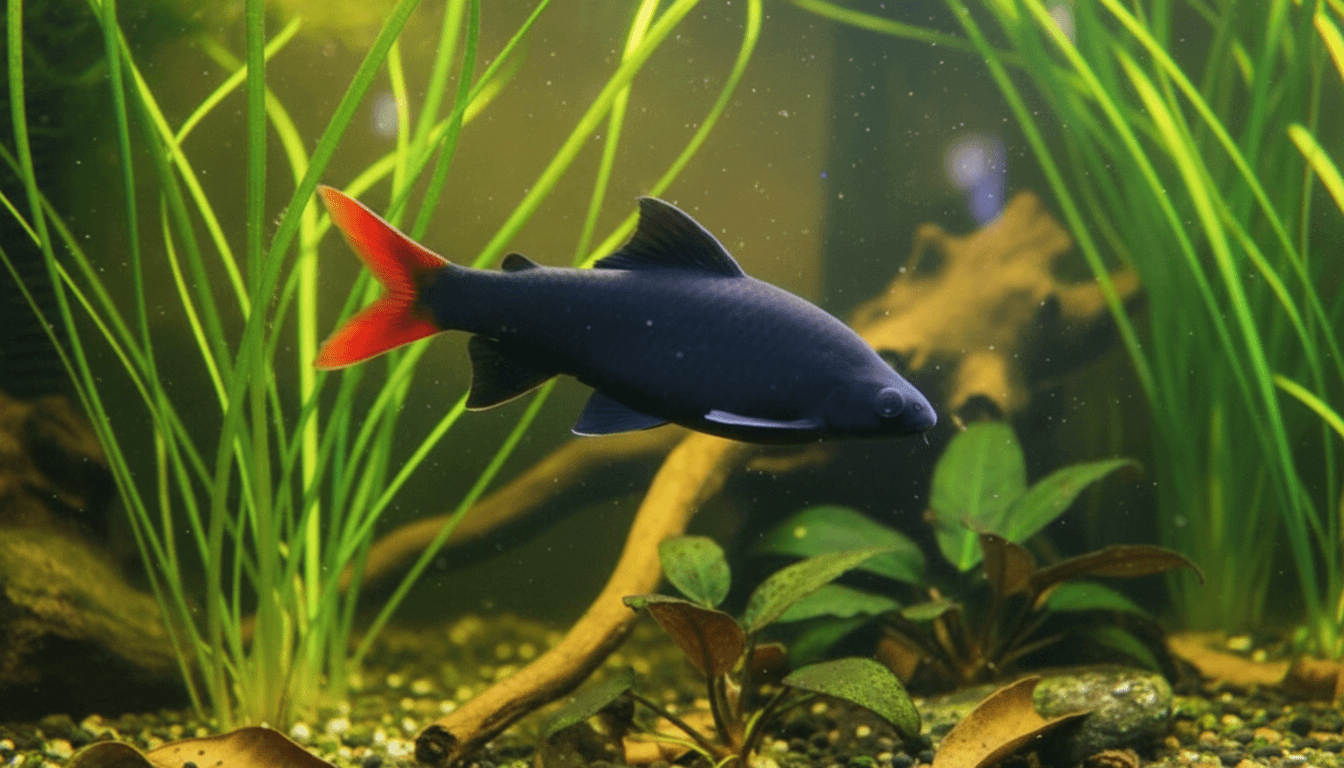 "Red-tail shark (Epalzeorhynchos bicolor) swimming gracefully in a vibrant home aquarium setting."