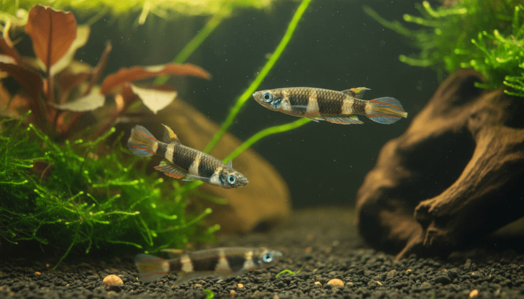 Colorful rocket-killifish (Adrianichthys komak) swimming gracefully in a vibrant aquarium setting.