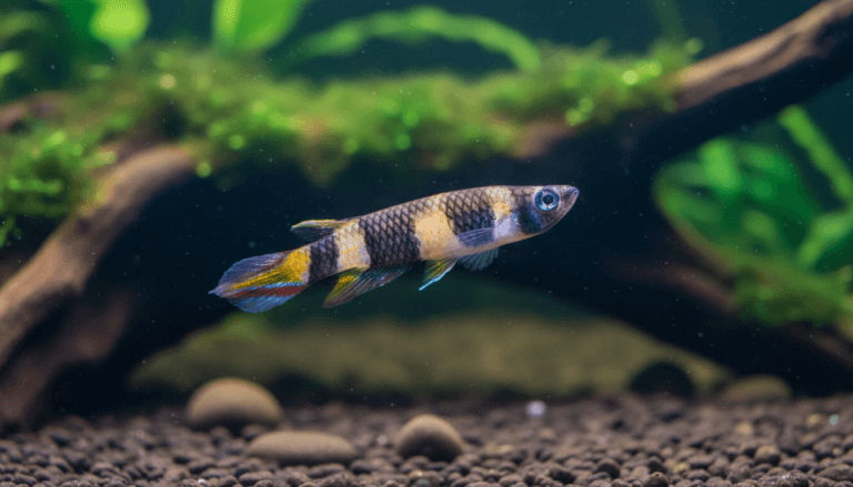 "Vibrant rocket-killifish (Micapillaria picta) swimming gracefully in a well-planted aquarium setting."